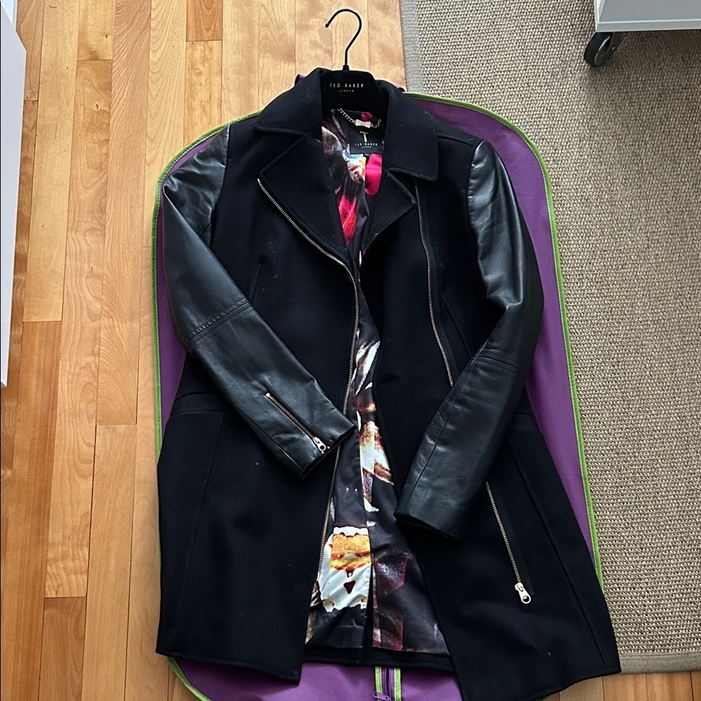 Ted Baker Black Wool and Cashmere Coat with Leather Accents